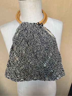 Boho Black Cream Crochet Knit Handbag Wood Handles